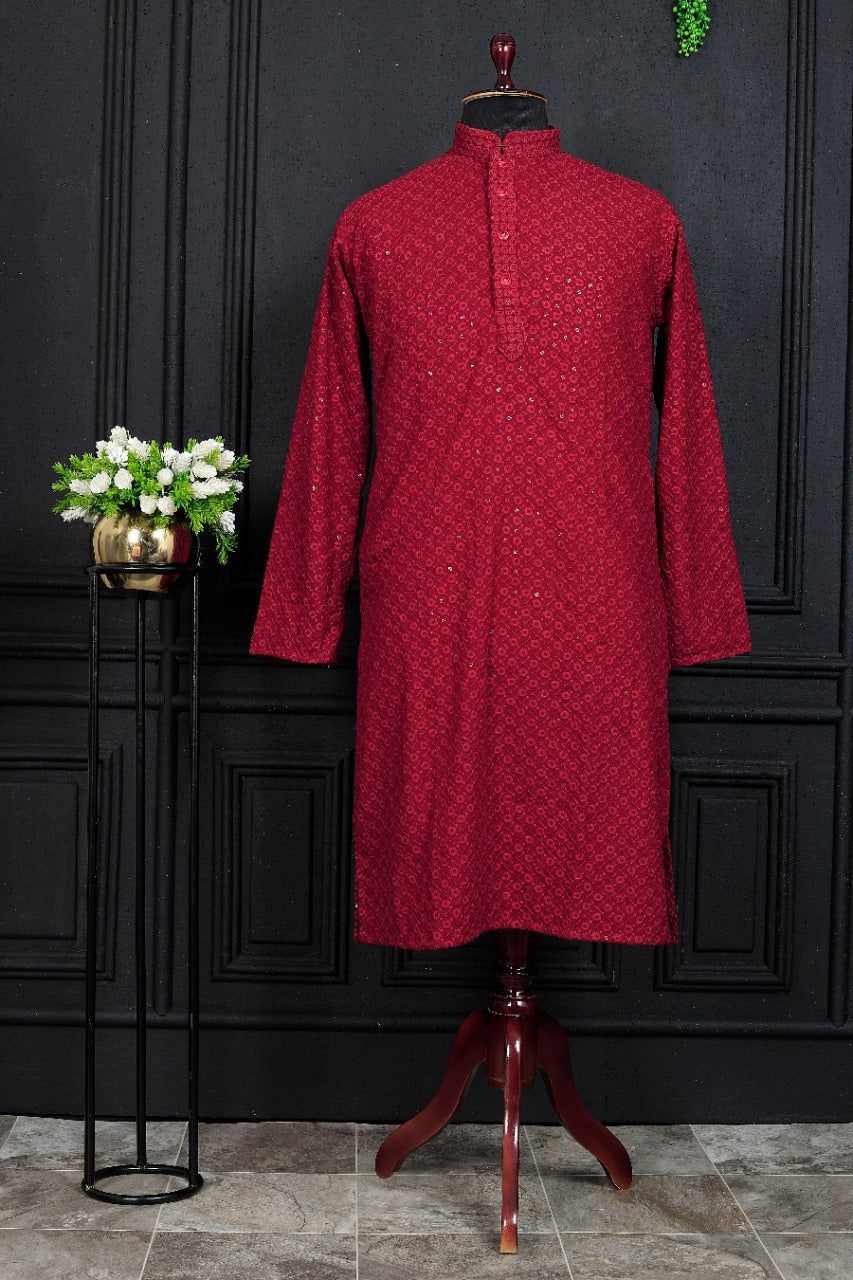 EMBROIDERED SCARLET RED KURTA WITH ALL OVER SEQUIN DESIGN