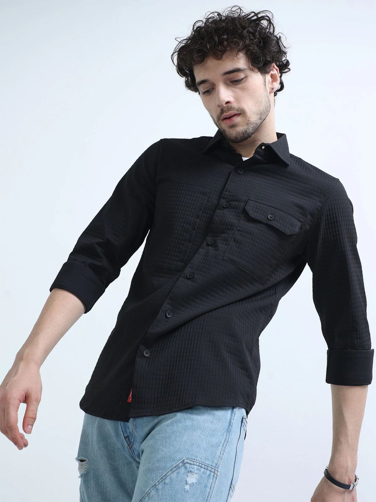 Demanding Black Textured Regular Fit Shirt