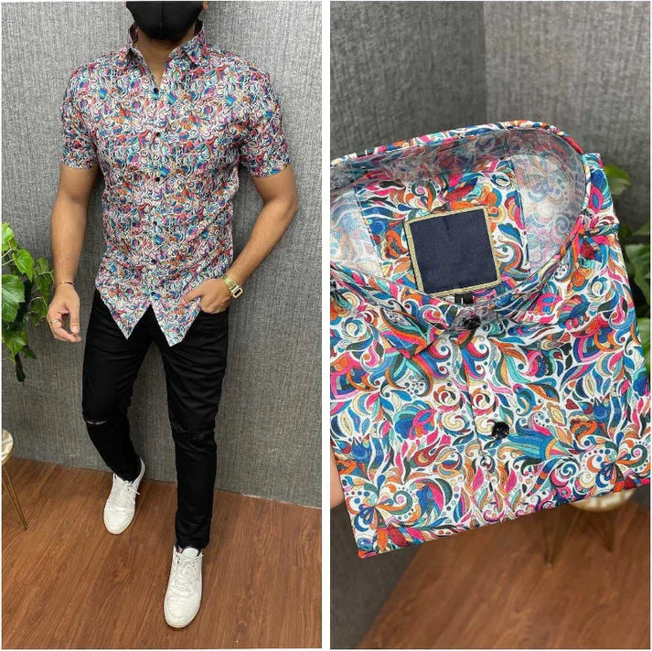 Multicolor Red Cotton Printed Shirt For Men